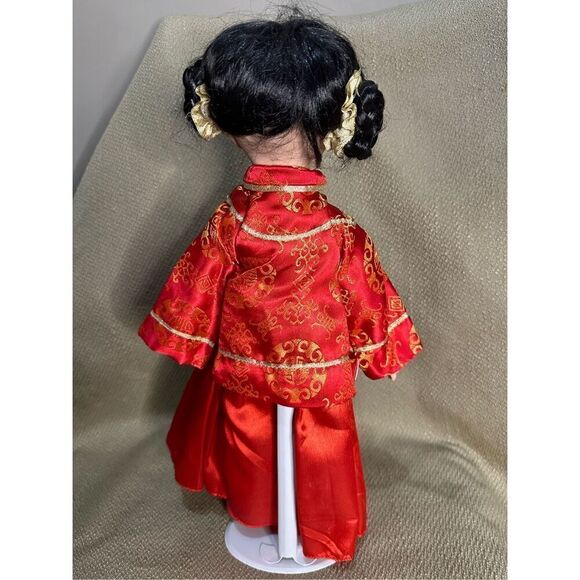 Unique Porcelain Asian Doll Red Traditional Outfit Dark Hair 15” with Stand - Picture 5 of 10